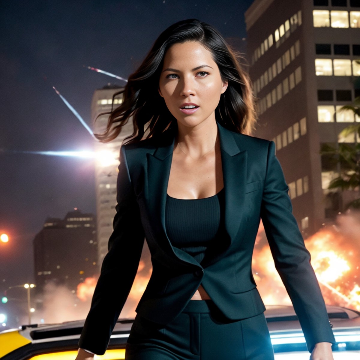 Dynamic radiant photo at a downtown  cityscape at night of a female Hardboiled detective oliviamunn with intense defined f...